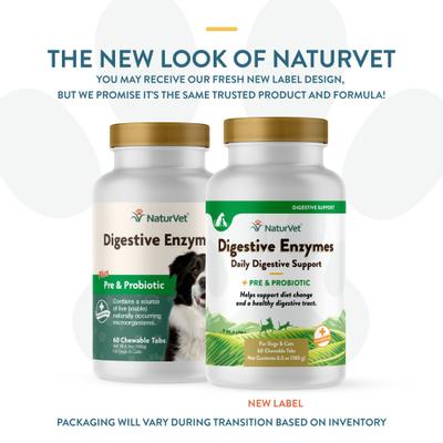 NaturVet, Digestive Enzymes con prebióticos y probióticos, tabletas digestivas sabor tocino ahumado para perros y gatos, 60 / 90 tabletas
