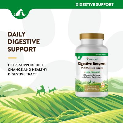 NaturVet, Digestive Enzymes con prebióticos y probióticos, tabletas digestivas sabor tocino ahumado para perros y gatos, 60 / 90 tabletas