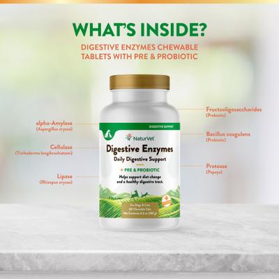 NaturVet, Digestive Enzymes con prebióticos y probióticos, tabletas digestivas sabor tocino ahumado para perros y gatos, 60 / 90 tabletas