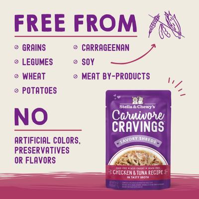 Carnivore Cravings Chicken & Tuna Flavored Shredded Wet Cat Food, 2.8-oz pouch, case of 24