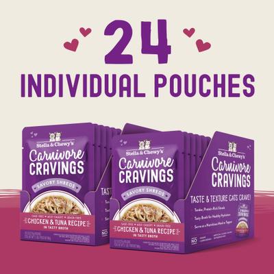 Carnivore Cravings Chicken & Tuna Flavored Shredded Wet Cat Food, 2.8-oz pouch, case of 24
