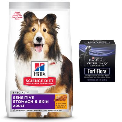 Bundle: Hill's Science Diet Sensitive Stomach & Skin Chicken & Barley Recipe Dry Food + Purina Pro Plan Veterinary Diets FortiFlora Powder Digestive Supplement for Dogs, 30 count