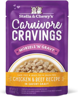 Comida para gatos Carnivore Cravings Morsels'N'Gravy con pollo e hígado de pollo, bolsa de 2.8 oz, caja de 12
