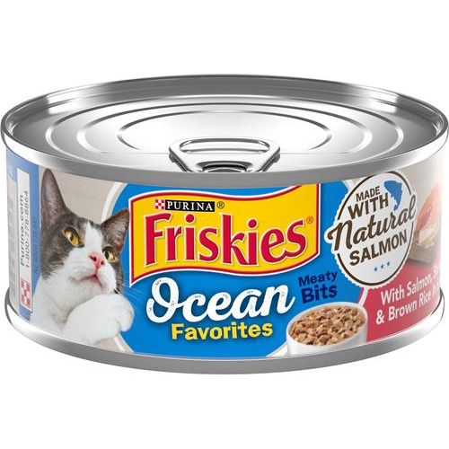 Comida húmeda para gatos Ocean Favorites Meaty Bits con salmón, camarones y arroz integral, lata de 5.5 oz, caja de 24