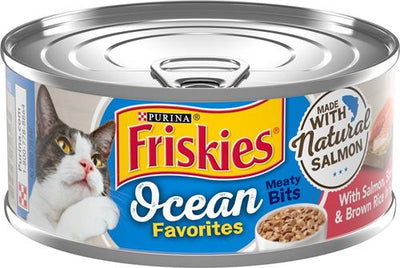 Comida húmeda para gatos Ocean Favorites Meaty Bits con salmón, camarones y arroz integral, lata de 5.5 oz, caja de 24