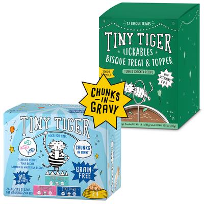 Bundle: Tiny Tiger Chunks in Gravy Seafood Variety Pack Canned Food + Lickables Senior Formula Tuna & Chicken Recipe Bisque Cat Treat & Topper