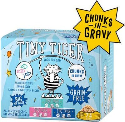 Bundle: Tiny Tiger Chunks in Gravy Seafood Variety Pack Canned Food + Lickables Senior Formula Tuna & Chicken Recipe Bisque Cat Treat & Topper