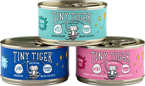 Bundle: Tiny Tiger Chunks in Gravy Seafood Variety Pack Canned Food + Lickables Senior Formula Tuna & Chicken Recipe Bisque Cat Treat & Topper