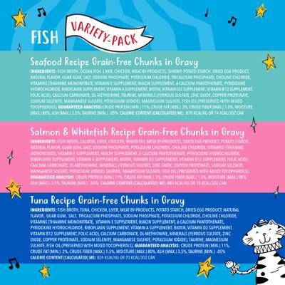 Bundle: Tiny Tiger Chunks in Gravy Seafood Variety Pack Canned Food + Lickables Senior Formula Tuna & Chicken Recipe Bisque Cat Treat & Topper