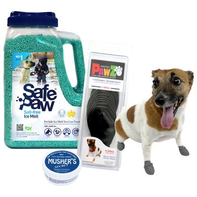 Bundle: Winter Paw Protection Starter Kit - Safe Paw Ice Melt, Musher's Secret Paw Protection Wax, Pawz Dog Boots, X-Small