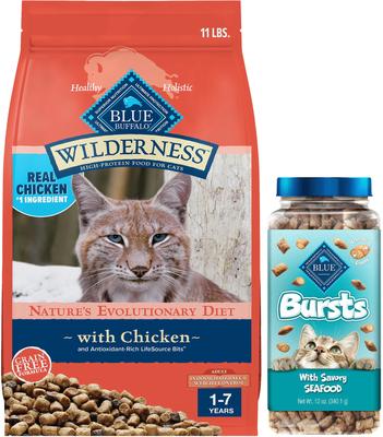 Bundle: Blue Buffalo Wilderness Indoor Hairball & Weight Control Chicken Recipe Grain-Free Dry Cat Food, 11-lb bag + Blue Buffalo Bursts with Savory Seafood Cat Treats, 12-oz tub