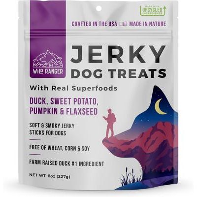 Premios para perros de pollo, batata, calabaza y linaza con Real Superfoods Jerky, bolsa de 8 oz