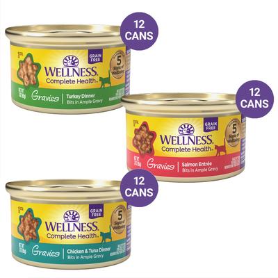 Bundle: Variety Pack - Wellness Natural Grain-Free Gravies Turkey Dinner Canned Cat Food, 3-oz, case of 12, Tuna & Salmon Flavors