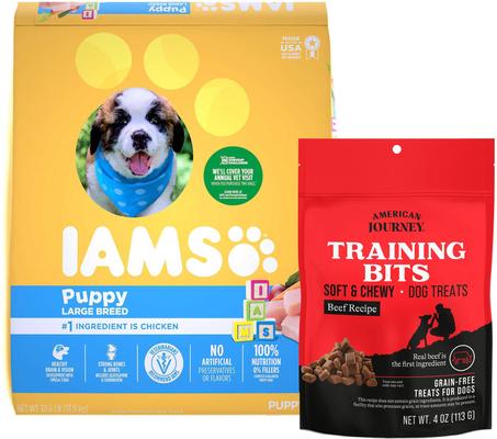Bundle: Iams ProActive Health Smart Puppy Large Breed Dry Food, 30.6-lb bag + American Journey Beef Recipe Grain-Free Soft & Chewy Training Bits Dog Treats