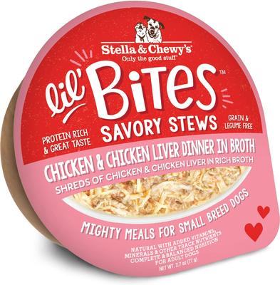 Lil Bites Savory Stews - Alimento húmedo para perros de raza pequeña desmenuzado con sabor a pollo e hígado de pollo en caldo sin cereales, 2.7 oz (caja de 12)