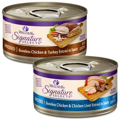Bundle: Wellness CORE Signature Selects Shredded Boneless Chicken & Turkey Entree in Sauce + Shredded Boneless Chicken & Chicken Liver Entree in Sauce Canned Cat Food, 2.8-oz, case of 12