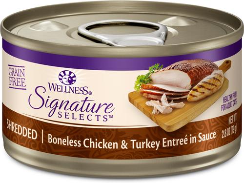 Bundle: Wellness CORE Signature Selects Shredded Boneless Chicken & Turkey Entree in Sauce + Shredded Boneless Chicken & Chicken Liver Entree in Sauce Canned Cat Food, 2.8-oz, case of 12