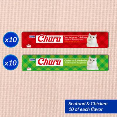 Churu - Paquete variado de mariscos y pollo, premios para lamer sin cereales para gatos, tubo de 0.5 oz, 20 unidades