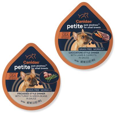 Paquete: CANIDAE PURE Petite - Cena estilo fricasé para razas pequeñas con pavo y judías verdes + Cena estilo cacciatore para razas pequeñas con cordero y zanahorias - Bandejas de comida húmeda para perros