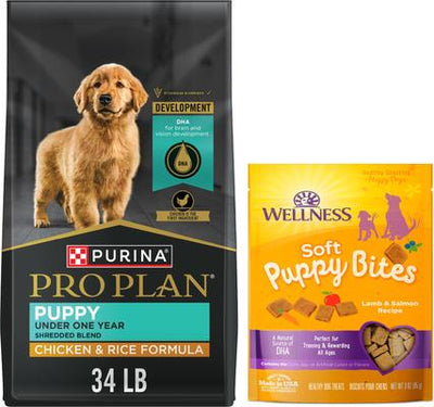 Paquete: alimento seco Purina Pro Plan Puppy Shredded Blend con pollo y arroz y probióticos + premios Wellness Soft Puppy Bites con receta de cordero y salmón, sin cereales.