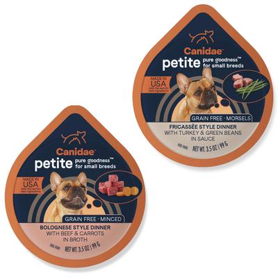 Bundle: CANIDAE PURE Petite Small Breed Bolognese Style Dinner with Beef & Carrots + PURE Petite Small Breed Fricassee Style Dinner with Turkey & Green Beans Wet Dog Food Trays