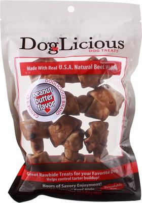 Golosinas para perros DogLicious con forma de hueso de mantequilla de cacahuete de 4 pulgadas, 5 unidades