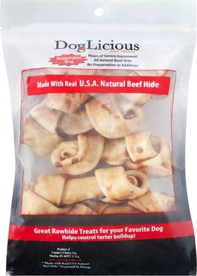 Golosinas para perros DogLicious con forma de hueso de mantequilla de cacahuete de 4 pulgadas, 5 unidades