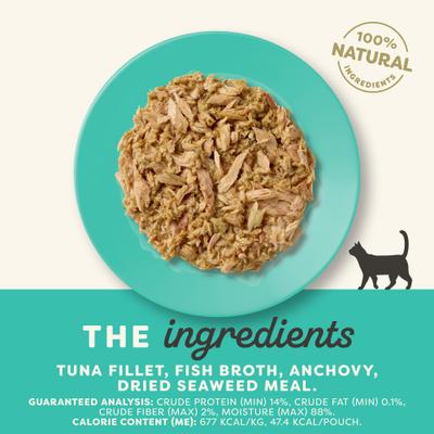 Comida húmeda para gatos de atún con anchoa entera y trocitos de algas en caldo, 2.47 oz, caja de 12