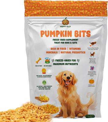 Golosinas de calabaza liofilizadas con prebióticos y fibra sin cereales para perros y gatos, bolsa de 2 oz