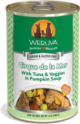 Comida enlatada para perros sin cereales Cirque De La Mer con atún y verduras en sopa de calabaza, 14 oz, caja de 12