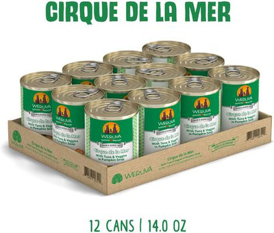 Comida enlatada para perros sin cereales Cirque De La Mer con atún y verduras en sopa de calabaza, 14 oz, caja de 12