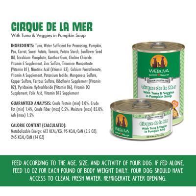 Comida enlatada para perros sin cereales Cirque De La Mer con atún y verduras en sopa de calabaza, 14 oz, caja de 12