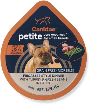 Bundle: CANIDAE PURE Petite Small Breed Escalloped Style Dinner with Salmon & Shrimp + Small Breed Fricassee Style Dinner with Turkey & Green Beans Wet Dog Food Trays