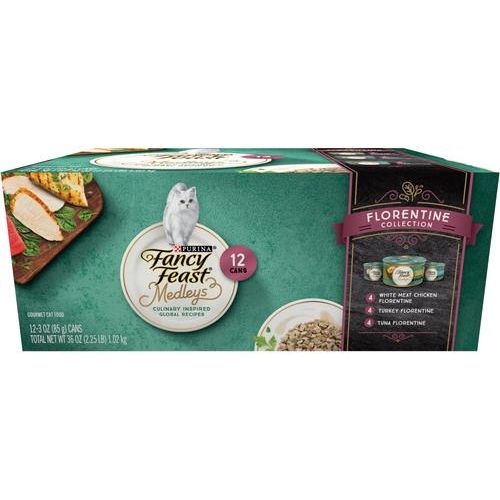 Alimento húmedo para gatos Medleys de carne de res y cerdo a la milanesa con zanahorias y papas en jugos sabrosos, lata de 3 oz, caja de 24