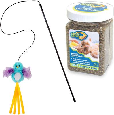 Bundle: Frisco Bird Teaser with Feathers Cat Toy, Blue & OurPets Cosmic Catnip