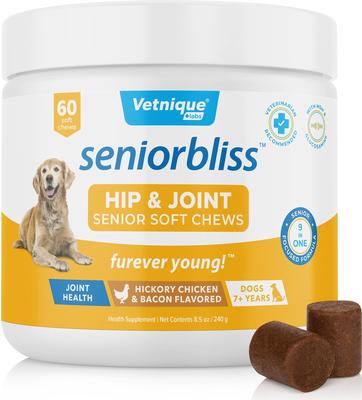 Seniorbliss Hip & Joint Mobility Plus Multivitamin Glucosamine Hickory Chicken & Bacon Flavored Soft Chew Supplement for Senior Dogs, 60 count