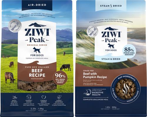 Paquete: Alimento para perros ZIWI Peak Beef sin cereales, deshidratado al aire, bolsa de 950 g + Alimento para perros deshidratado al vapor con receta de carne de res y calabaza, bolsa de 850 g