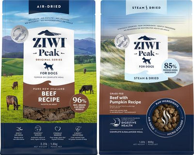 Paquete: Alimento para perros ZIWI Peak Beef sin cereales, deshidratado al aire, bolsa de 950 g + Alimento para perros deshidratado al vapor con receta de carne de res y calabaza, bolsa de 850 g