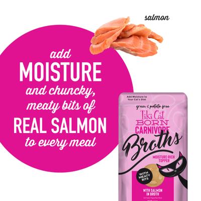 Caldos Born Carnivore con salmón en caldo, alimento húmedo sin cereales para gatos, bolsa de 1.3 oz, caja de 12