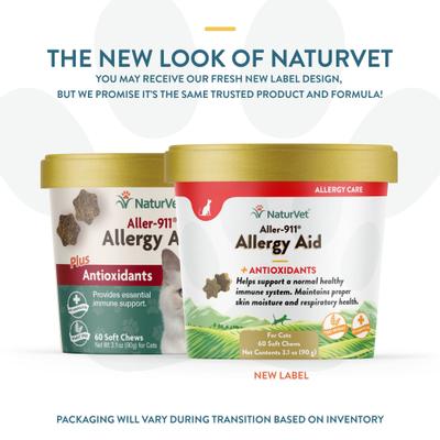 NaturVet, Aller-911 Allergy Aid Cat Soft Chews, antioxidantes y omega-3 para gatos, 60 masticables