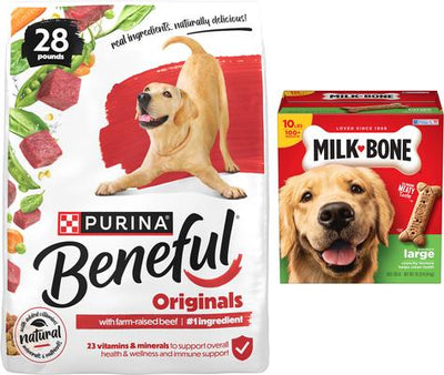 Paquete: alimento seco Purina Beneful Originals con carne de res real + premios Milk-Bone Original de galleta grande para perros