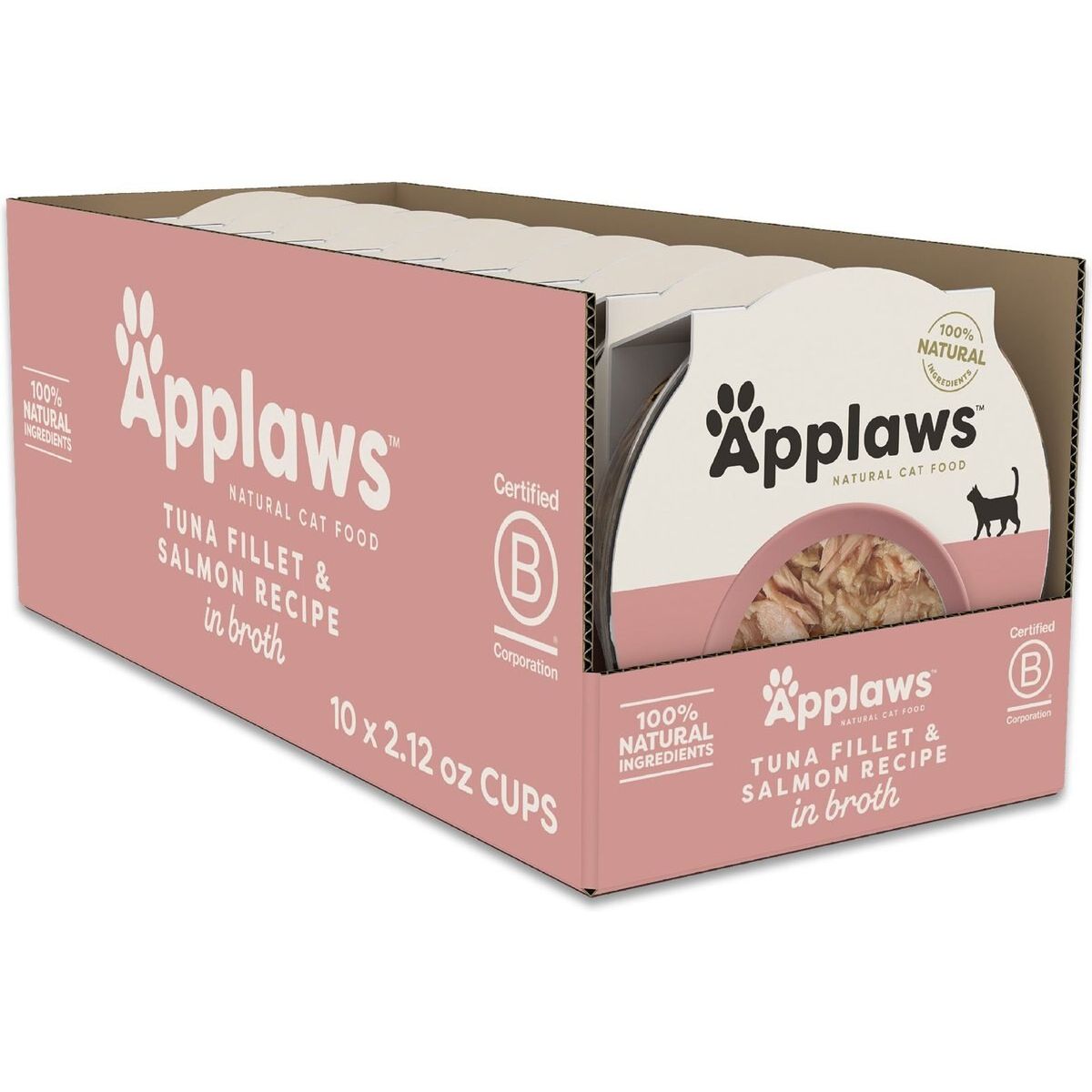 Alimento Húmedo Cups, Filete de Atún y Salmón Recipe en Broth. 60 g, caja de 10. - Applaws