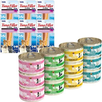 Bundle: Inaba Ciao Grain-Free Grilled Tuna Fillet Extra Tender in Tuna Flavored Broth Cat Treat, 0.52-oz pouch, pack of 6 + Weruva Cats in the Kitchen Cuties Variety Pack Grain-Free Canned Cat Food, 3.2-oz, case of 12