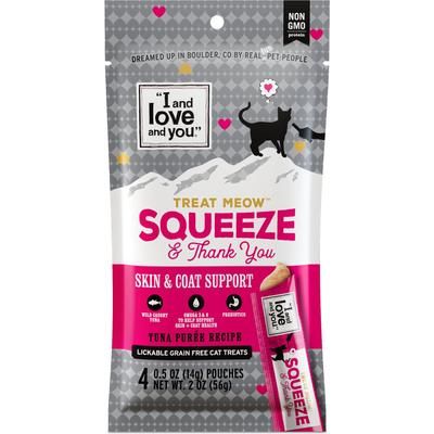 Treat Meow Skin & Coat Support - Golosinas para lamer con puré de atún para gatos, bolsa de 0.5 oz, caja de 96