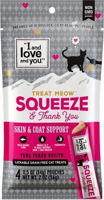 Treat Meow Skin & Coat Support - Golosinas para lamer con puré de atún para gatos, bolsa de 0.5 oz, caja de 96