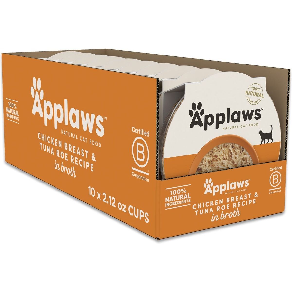 Alimento Húmedo Cups, Pechuga de Pollo y Atún Roe Recipe en Broth. 60 g, caja de 10. - Applaws