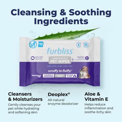 Furbliss Unscented Cleansing & Deodorizing Hypoallergenic Paw & Body Dog & Cat Wipes, 100 count