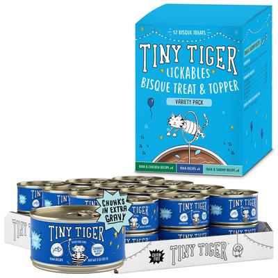 Bundle: Tiny Tiger Chunks in EXTRA Gravy Tuna Canned Food + Lickables Variety Pack Bisque Cat Treat & Topper