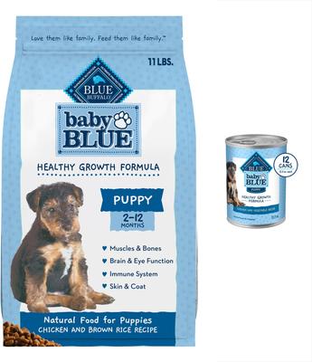 Paquete: Alimento seco para cachorros Blue Buffalo Baby BLUE Healthy Growth Formula Natural, receta de pollo y arroz integral, 11 lb + Alimento húmedo, receta de pollo y vegetales