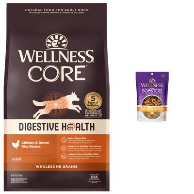 Paquete: Alimento seco Wellness CORE Digestive Health Wholesome Grains con pollo y arroz integral + Bowl Boosters Digestive Health Dry Food Topper